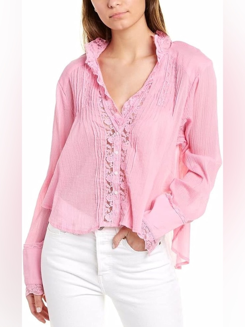 Free People | Clemence Lace Button Front Shirt Blouse | Peasant/Cottage Style